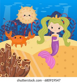 Underwater world with mermaid and sea creatures.