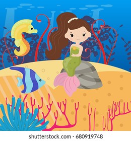Underwater world with mermaid and sea creatures.