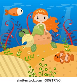 Underwater world with mermaid and sea creatures.