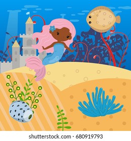 Underwater world with mermaid and sea creatures.
