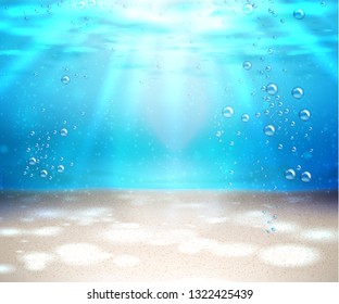 Underwater world nature scene background. Ocean and sea bottom life with blue water, sunrays and oxygen bubbles from seaweed. Marine undersea seascape backdrop. Vector illustration
