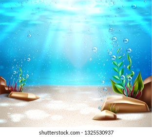 Underwater world nature scene background. Ocean and sea bottom life with blue water, sunrays, seagrass and oxygen bubbles from seaweed. Marine undersea seascape backdrop. Vector illustration