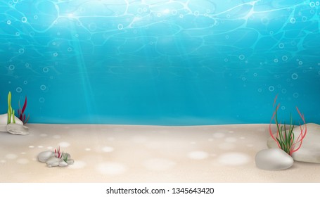 Underwater world nature scene background. Ocean, sea bottom life with blue water, seagrass, wave lights, bubbles of air, rays of sunshine. Marine undersea seascape backdrop. Summer. Blue underworld.