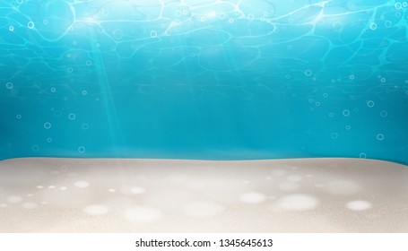 Underwater world nature scene background. Ocean, sea bottom life with blue water, wave lights, bubbles of air, rays of sunshine. Marine undersea seascape backdrop. Summer. Blue underworld. vector.