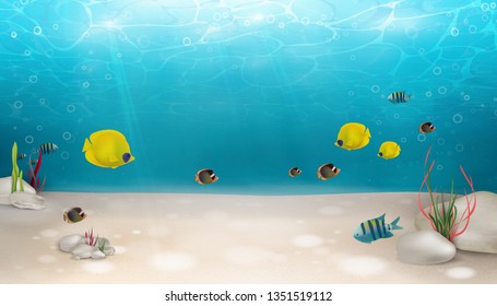 Underwater world nature scene background. Ocean, sea bottom life with blue water, seagrass, exotic fish, bubbles, seaweed, rays of sunshine. Underwater marine life landscape. Summer. Blue underworld.