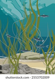 The underwater world of the northern river with fish and algae at the bottom. Realistic vector underwater landscape