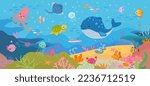Underwater world, ocean animals and nature. Beautiful cartoon aquarium background. Sea octopus and whale, marine life nowaday vector scene