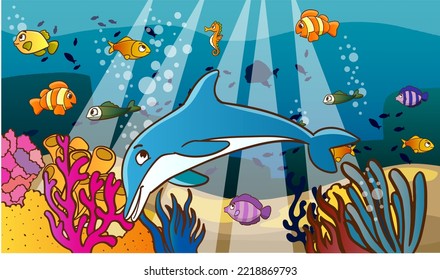 Underwater world, ocean animals and nature. Beautiful cartoon aquarium background. Sea creatures, marine life vector scene nowadays