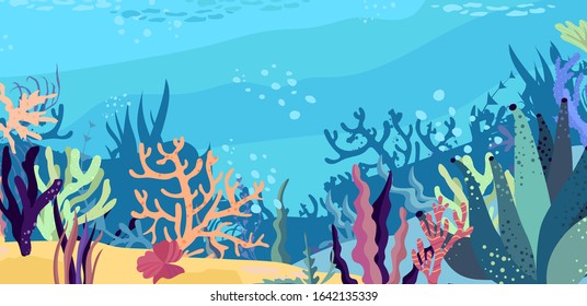 Underwater world in the ocean. Coral reef, undersea fauna of tropics. Flat cartoon vector illustration.