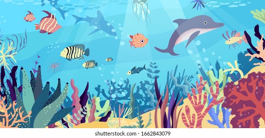 Underwater world in the ocean. Coral reef, fishes, dolphin, sharks, medusa, undersea fauna of tropics.  Flat cartoon vector illustration.