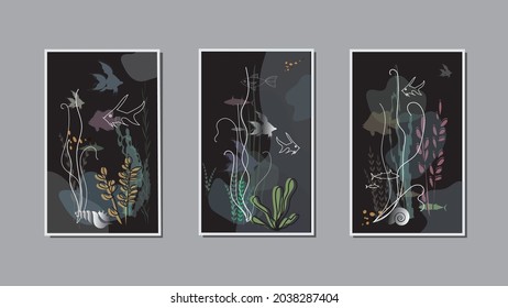 Underwater world ocean floor modular triptych paintings with fish, sea shells and plants. Vector illustrations for wall and other designs. 