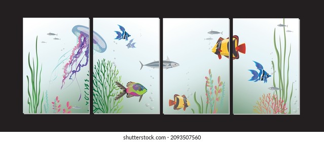 Underwater world ocean floor or modular paintings with sea animals and plants. Vector illustrations for wall designs and other. 