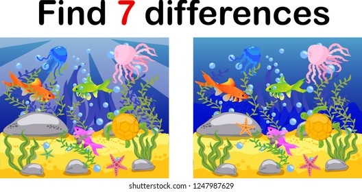 Underwater world, ocean floor with octopus, submarine, whale, fish, corals and sea shells. Educational game for kids: find ten differences.