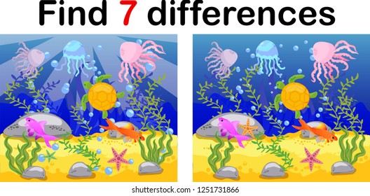 Underwater world, ocean floor with octopus, submarine, whale, fish, corals and sea shells. Educational game for kids: find ten differences.