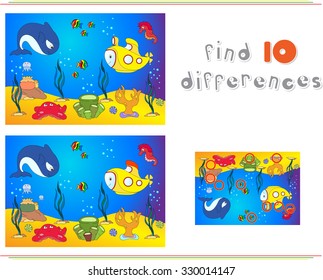 Underwater world, ocean floor with octopus, submarine, whale, fish, corals and sea shells. Educational game for kids: find ten differences. Vector illustration