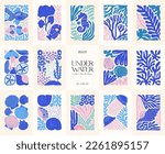 Underwater world, ocean, sea, fish and shells poster template. Modern trendy Matisse minimal style. Hand drawn design for wallpaper, wall decor, print, postcard, cover, template, banner.