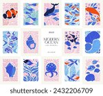 Underwater world, ocean, sea, fish and shells vertical flyer or poster template. Modern trendy Matisse minimal style. Hand drawn design for wallpaper, wall decor, print, postcard, cover, template.