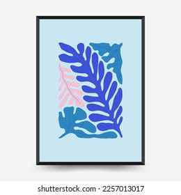 Underwater world, ocean, sea, fish and shells poster template. Modern trendy Matisse minimal style. Hand drawn design for wallpaper, wall decor, print, postcard, cover, template, banner.