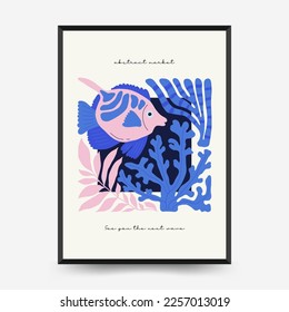 Underwater world, ocean, sea, fish and shells poster template. Modern trendy Matisse minimal style. Hand drawn design for wallpaper, wall decor, print, postcard, cover, template, banner.