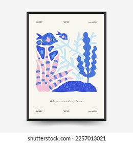 Underwater world, ocean, sea, fish and shells poster template. Modern trendy Matisse minimal style. Hand drawn design for wallpaper, wall decor, print, postcard, cover, template, banner.