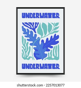 Underwater world, ocean, sea, fish and shells poster template. Modern trendy Matisse minimal style. Hand drawn design for wallpaper, wall decor, print, postcard, cover, template, banner.