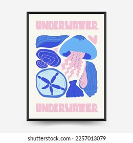 Underwater world, ocean, sea, fish and shells poster template. Modern trendy Matisse minimal style. Hand drawn design for wallpaper, wall decor, print, postcard, cover, template, banner.