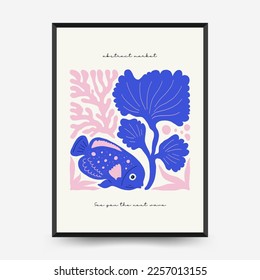 Underwater world, ocean, sea, fish and shells poster template. Modern trendy Matisse minimal style. Hand drawn design for wallpaper, wall decor, print, postcard, cover, template, banner.
