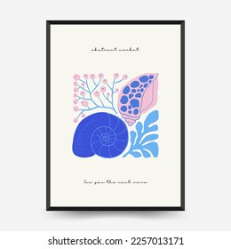 Underwater world, ocean, sea, fish and shells poster template. Modern trendy Matisse minimal style. Hand drawn design for wallpaper, wall decor, print, postcard, cover, template, banner.