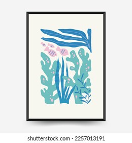 Underwater world, ocean, sea, fish and shells poster template. Modern trendy Matisse minimal style. Hand drawn design for wallpaper, wall decor, print, postcard, cover, template, banner.