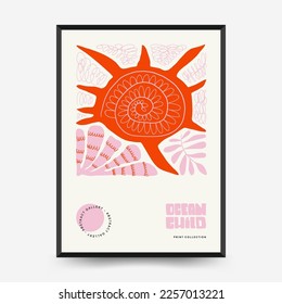 Underwater world, ocean, sea, fish and shells poster template. Modern trendy Matisse minimal style. Hand drawn design for wallpaper, wall decor, print, postcard, cover, template, banner.