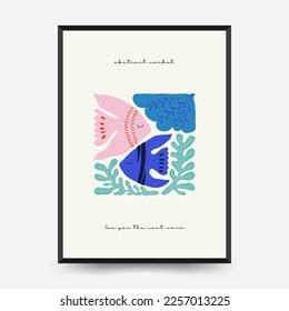 Underwater world, ocean, sea, fish and shells poster template. Modern trendy Matisse minimal style. Hand drawn design for wallpaper, wall decor, print, postcard, cover, template, banner.