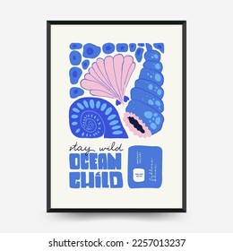 Mundo submarino, océano, mar, peces y conchas plantilla de afiches. Moderna moda Matisse minimalista. Diseño dibujado a mano para papel pintado, decoración de pared, impresión, postal, cubierta, plantilla, banner.