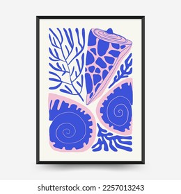 Underwater world, ocean, sea, fish and shells poster template. Modern trendy Matisse minimal style. Hand drawn design for wallpaper, wall decor, print, postcard, cover, template, banner.