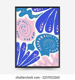 Underwater world, ocean, sea, fish and shells poster template. Modern trendy Matisse minimal style. Hand drawn design for wallpaper, wall decor, print, postcard, cover, template, banner.