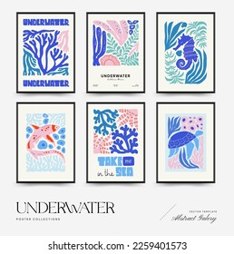 Underwater world, ocean, sea, fish and shells poster template. Modern trendy Matisse minimal style. Hand drawn design for wallpaper, wall decor, print, postcard, cover, template, banner.