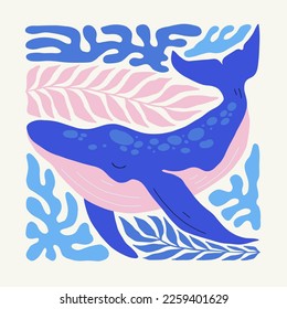 Underwater world, ocean, sea, fish and shells poster template. Modern trendy Matisse minimal style. Hand drawn design for wallpaper, wall decor, print, postcard, cover, template, banner.