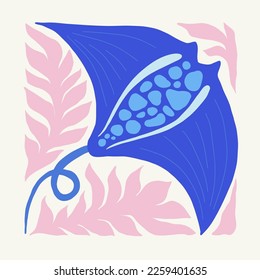 Underwater world, ocean, sea, fish and shells poster template. Modern trendy Matisse minimal style. Hand drawn design for wallpaper, wall decor, print, postcard, cover, template, banner.