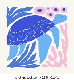 Underwater world, ocean, sea, fish and shells poster template. Modern trendy Matisse minimal style. Hand drawn design for wallpaper, wall decor, print, postcard, cover, template, banner.