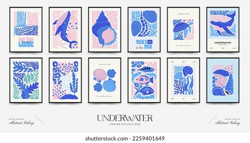 Underwater world, ocean, sea, fish and shells poster template. Modern trendy Matisse minimal style. Hand drawn design for wallpaper, wall decor, print, postcard, cover, template, banner.