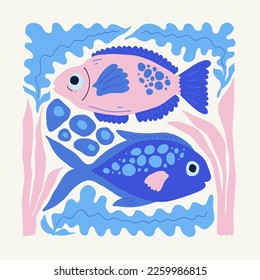 Underwater world, ocean, sea, fish and shells poster template. Modern trendy Matisse minimal style. Hand drawn design for wallpaper, wall decor, print, postcard, cover, template, banner.