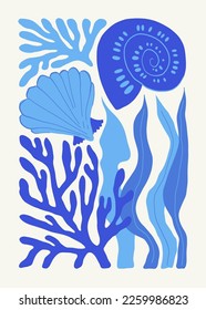 Underwater world, ocean, sea, fish and shells poster template. Modern trendy Matisse minimal style. Hand drawn design for wallpaper, wall decor, print, postcard, cover, template, banner.