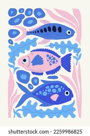 Underwater world, ocean, sea, fish and shells poster template. Modern trendy Matisse minimal style. Hand drawn design for wallpaper, wall decor, print, postcard, cover, template, banner.