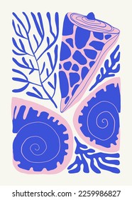 Underwater world, ocean, sea, fish and shells poster template. Modern trendy Matisse minimal style. Hand drawn design for wallpaper, wall decor, print, postcard, cover, template, banner.