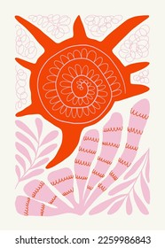 Underwater world, ocean, sea, fish and shells poster template. Modern trendy Matisse minimal style. Hand drawn design for wallpaper, wall decor, print, postcard, cover, template, banner.
