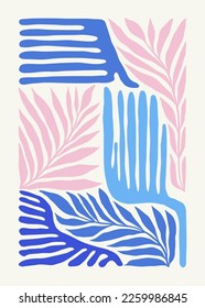 Underwater world, ocean, sea, fish and shells poster template. Modern trendy Matisse minimal style. Hand drawn design for wallpaper, wall decor, print, postcard, cover, template, banner.