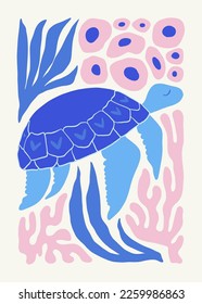 Underwater world, ocean, sea, fish and shells poster template. Modern trendy Matisse minimal style. Hand drawn design for wallpaper, wall decor, print, postcard, cover, template, banner.