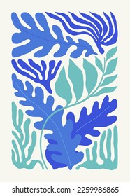 Unterwasserwelt, Ozean, Meer, Fisch und Muscheln Plakatvorlage. Moderner Stil Matisse minimalistisch. Handgezeichnetes Design für Tapete, Tapete, Druck, Postkarte, Deckel, Vorlage, Banner.