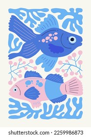 Underwater world, ocean, sea, fish and shells poster template. Modern trendy Matisse minimal style. Hand drawn design for wallpaper, wall decor, print, postcard, cover, template, banner.