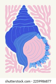 Underwater world, ocean, sea, fish and shells poster template. Modern trendy Matisse minimal style. Hand drawn design for wallpaper, wall decor, print, postcard, cover, template, banner.