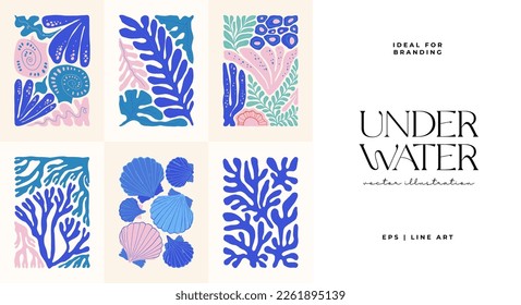 Underwater world, ocean, sea, fish and shells poster template. Modern trendy Matisse minimal style. Hand drawn design for wallpaper, wall decor, print, postcard, cover, template, banner.